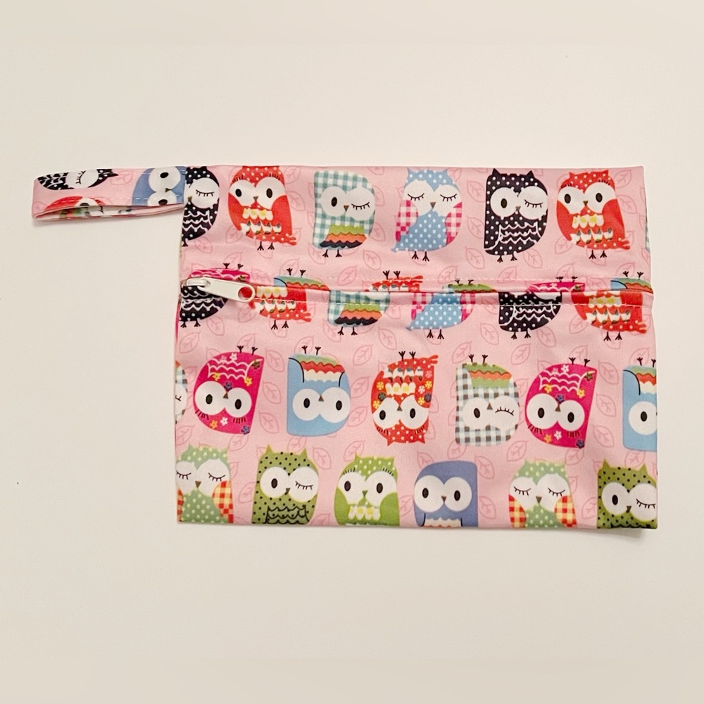 Pink Owl Baby PUL wet bag for reusable wipes or other